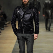 Load image into Gallery viewer, Men's Lapel Multi Zip Leather Jacket