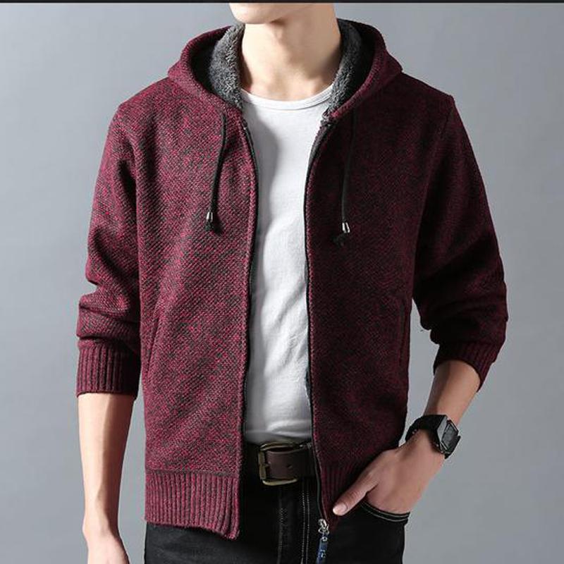 Mens Solid Color Cotton Hooded Cardigan