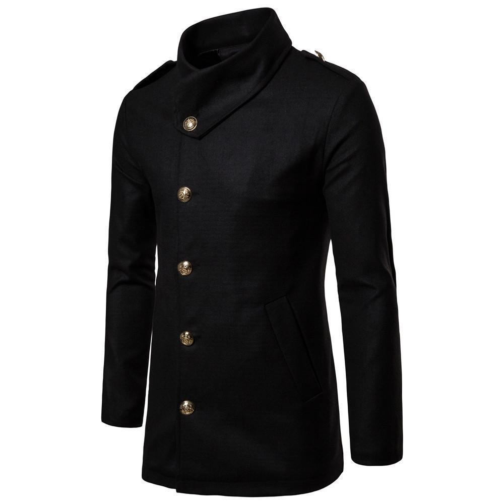 Fashion Lapel Collar Plain Button Woolen Long Coat