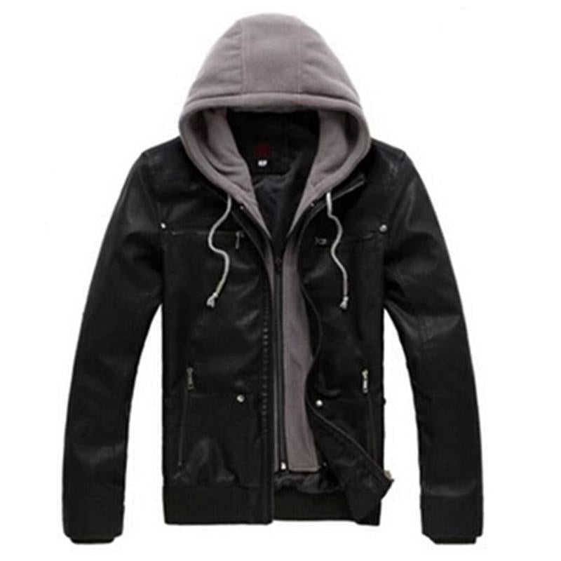 Hooded Patchwork Slim Men's Leather Jacket