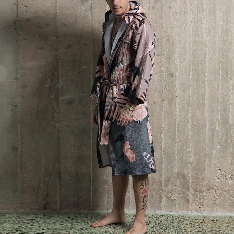 Men's Fashion Printed Fleece Mid-Length Hooded Coat