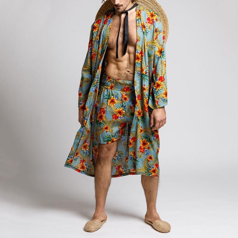 Men's Fashion Printed Cardigan Shorts Two-Piece Set