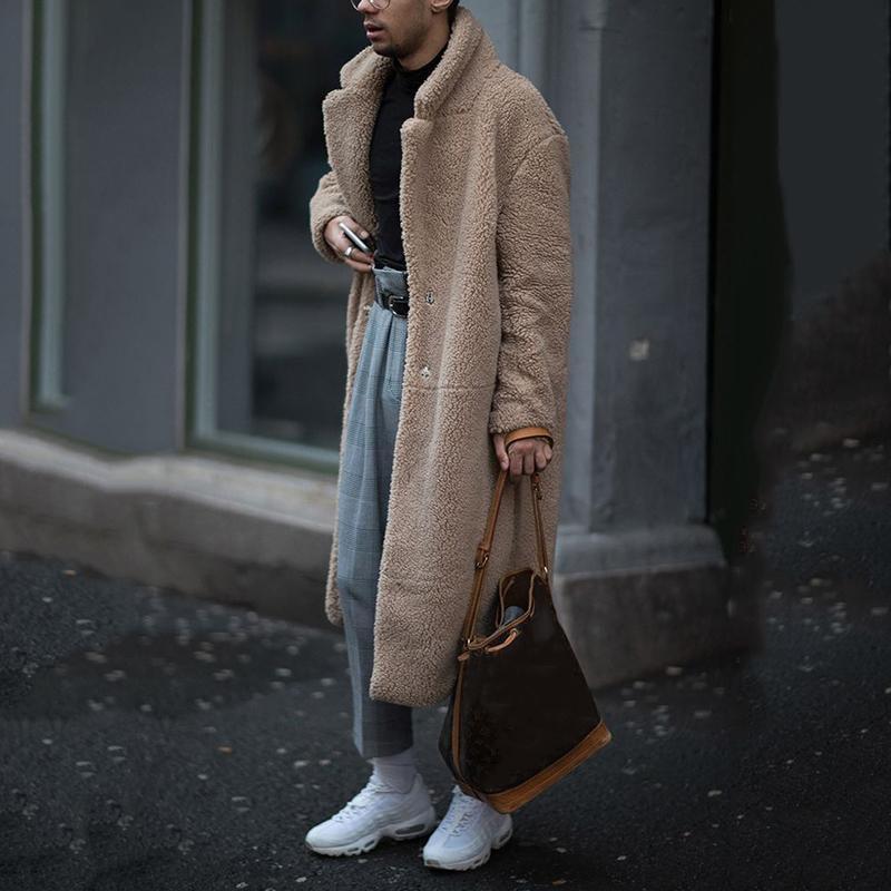 Men's Solid Color Lapel Long Windbreaker