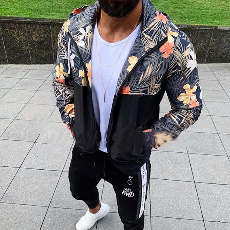 Fashion Splicing Printed Zipper Hooded Jacket